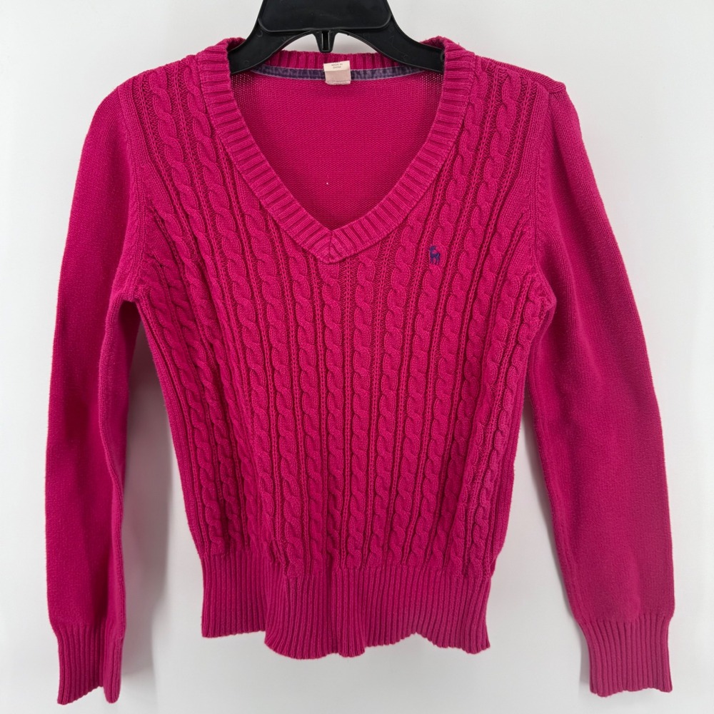Girls VTG Old Navy Pink Cable Knit V Neck Sweater XXL Purple Logo Casual‎